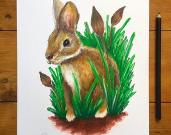 Wild rabbit oil pastel illustration, forest animal art, woodland nursery art | Original wildlife drawing, impressionist rabbit art