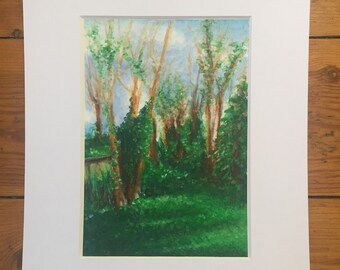 Forest trees artwork, original oil pastel drawing landscape art illustration | Impressionist woodland wall art