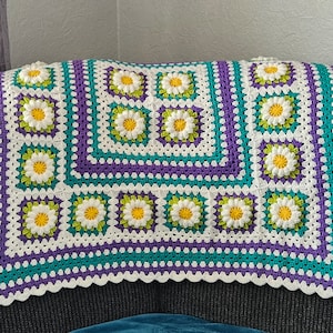 Daisy flower blanket, crochet lap blanket,  purples and greens throw, traditional granny square blanket,  handmade crochet blanket