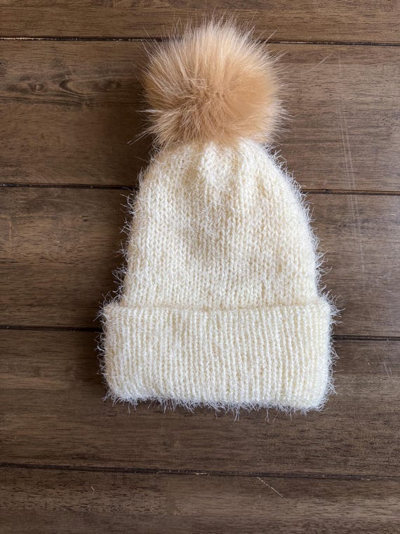 Handcrafted Knitted Hat Beanie Textured Pom Pom Handcrafted Knitted Hat Beanie Cream Textured Pom Pom  main image 3