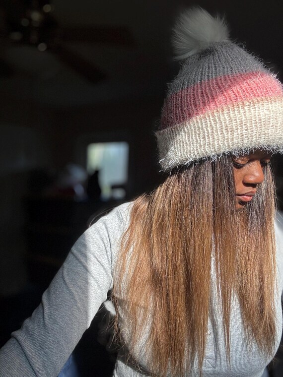 Cozy Pink and Cream  Winter Hat Ultra Soft Knit Lined Warm Beanie With Removable Pom Pom  main image 4