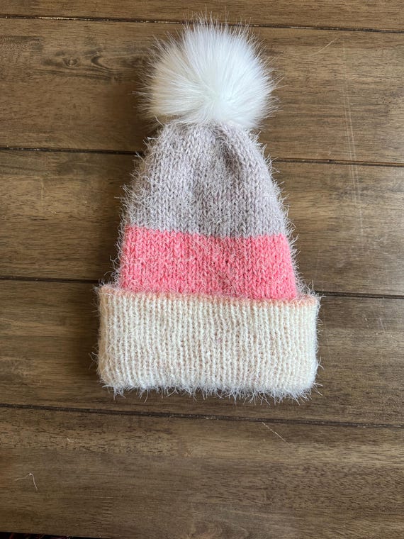 Pink, Cream, and Brown Fuzzy Knit Hat With Pom Pom, Soft  display picture 3