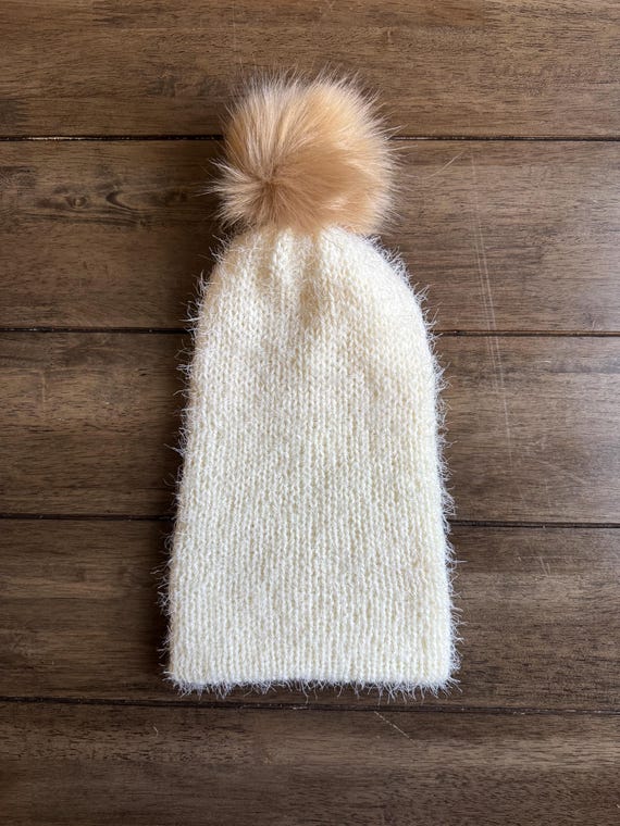 Soft Cream Fuzzy Knit Hat With Pom Pom, Cozy Handmade Winter  display picture 2