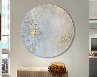 Round painting abstract Beige gray gold painting canvas Original acrylic wall art