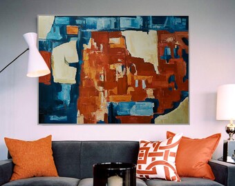 Oil abstract painting Original art on canvas Red and blue textured wall art Living room art Modern painting