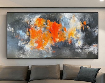 Gray orange painting abstract Large abstract acrylic painting horizontal Textured wall art canvas