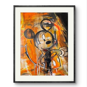 Poster stampa pop art di Topolino arancione e nero, stampa moderna del cartone animato di Topolino su carta fotografica