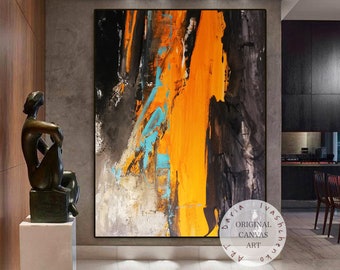 Abstract acrylic painting Original canvas Extra large Black and Orange Wall art painting for living room Impressionism