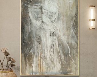 Large beige gray abstraction &quot;White horse&quot; canvas Textured oil painting abstract Framed modern wall art