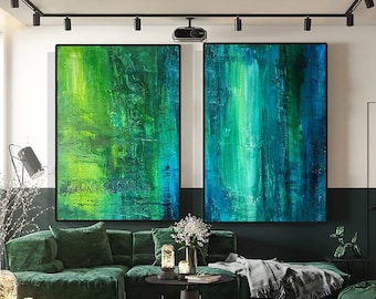 Abstract painting set of 2 Diptych painting original Green blue Large contemporary wall art