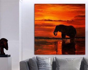 Elephant painting on canvas Orange Red Black painting Abstract animal art