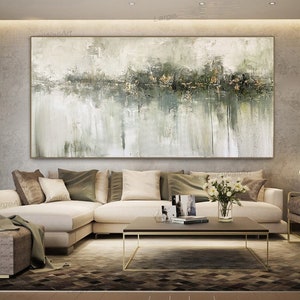 Extra large green gold abstraction Original oil painting canvas Long horizontal abstract wall art