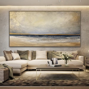 Large abstract seascape painting on canvas Beige gold blue wall art Framed textured contemporary art