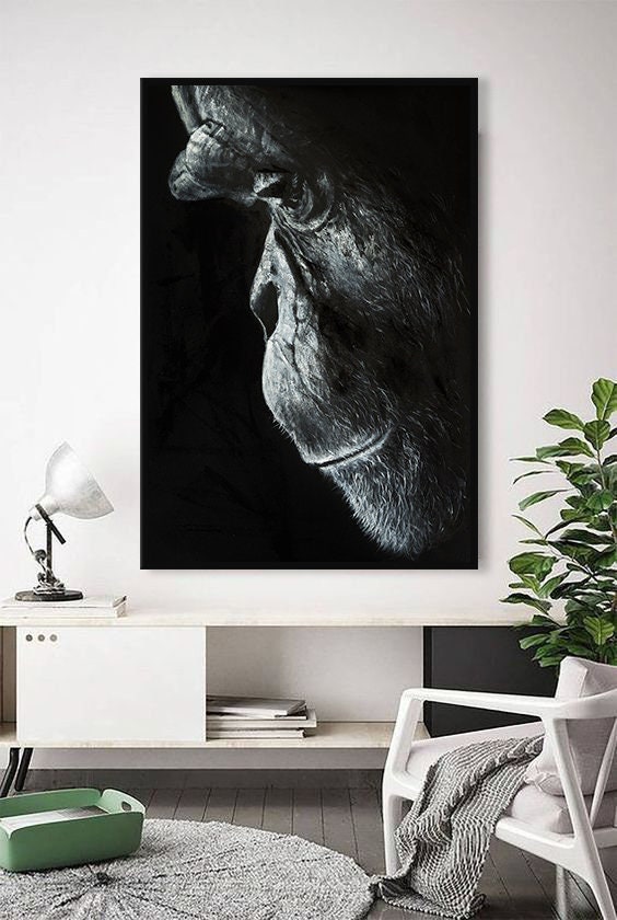 Monkey original oil painting, African animal art Gorila, Black and white painting canvas