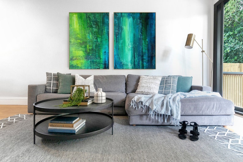 Abstract Painting Set of 2 Diptych Painting Original Green Etsy