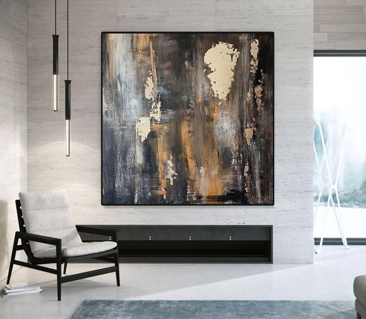 Large Black Gold Leaf Painting Canvas Black Silver Painting - Etsy
