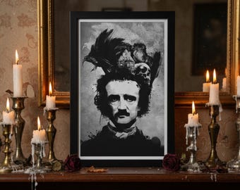 May include: Black and white framed art print featuring a portrait of Edgar Allan Poe. The artwork includes a raven, skull, and house imagery. The print is displayed on a wooden surface with lit candles and antique mirrors in the background.