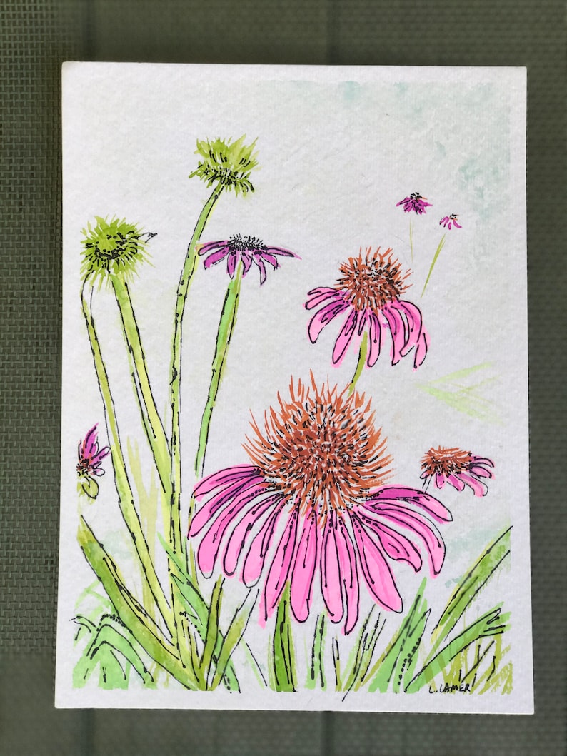 Original Watercolor With Ink Details Wildflower Coneflower Etsy