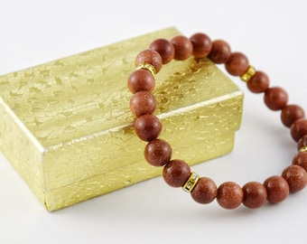 Goldstein Perlenarmband, Edelstein Stretch Armband in goldene Farbe, filigranes Goldfluss Aventurin Armschmuck, Geschenkideen für Frau, Mama