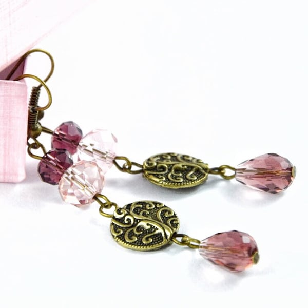 Lange Glasperlen Ohrringe mit Baum des Lebens in rosa, lila & Bronze, boho ethno Schmuck, Geschenkideen für Frauen, Geschenk Muttertag Mama