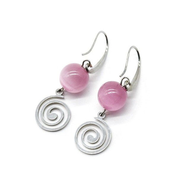 Spirale Ohrringe für Allergiker mit rosa Katzenauge & Anhänger aus Stahl, Messing Ohrhaken, Allergiker Schmuck, Geschenkideen Valentinstag