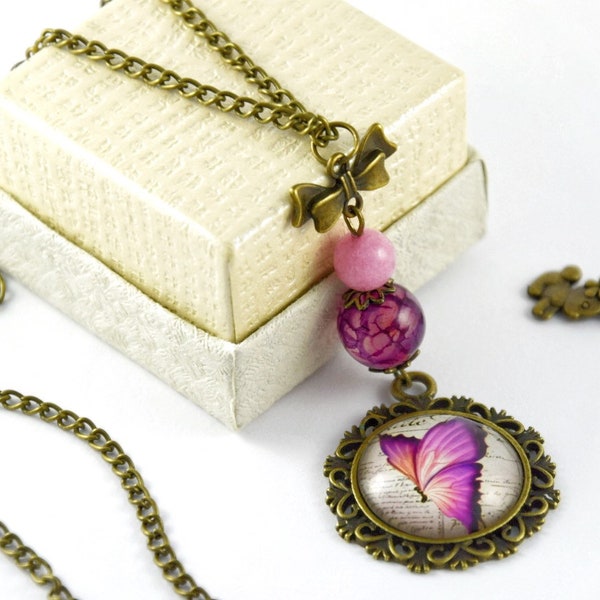 Schmetterling Medaillon Kette, Lange Vintage Cabochon Kette, Rosa & Bronze Butterfly Halskette, Geschenkideen Muttertag Frau Freundin Mama