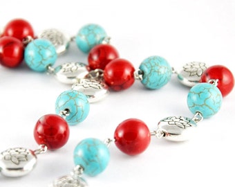 Lange Türkis Edelstein Perlenkette, Geschenk Weihnachten beste Freundin, Glasschmuck rot farbenfroh, Hippie Boho Heilsteine Steinkette