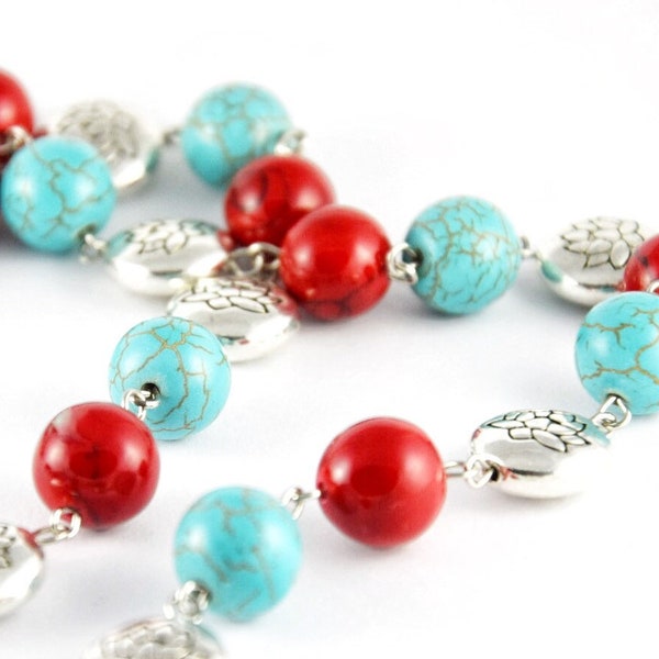 Lange Türkis Edelstein Perlenkette, Geschenk Weihnachten beste Freundin, Glasschmuck rot farbenfroh, hippie boho Heilsteine Steinkette
