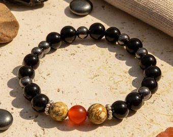 Edelstein Perlenarmband aus Onyx, Jaspis & Quarz, Sakral Chakra Mala mit Meditationssteine, Geschenkideen Frauen, passende Ohrringe im Shop