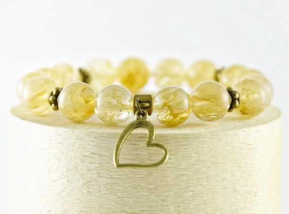 Quarz Perlenarmband mit Anhänger Herz, Geschenkidee Valentinstag, echte Edelsteine Stretcharmband in beige bronze, antik gypsy Armband Frau