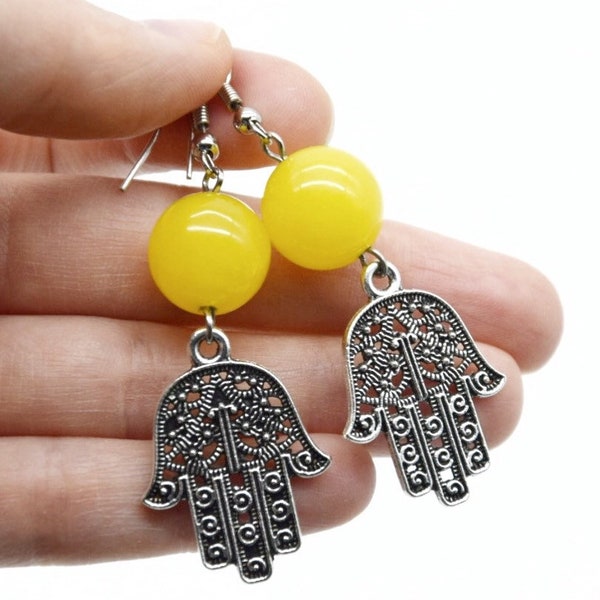 Hamsa Ohrringe, Hamsa Hand Gelb Quarz Ohrhänger, Hand von Fatima, viel Glück Geschenk, Glücksbringer Schmuck, ethno Geschenkideen für Frauen