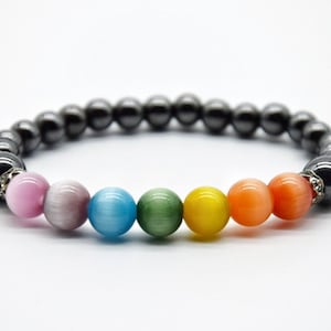 Pride Schmuck Geschenk, Regenbogen 7 chakra Perlenarmband, Hämatit & Katzenauge Edelstein Armband bunt farbig, Yoga Heilstein Stretcharmband