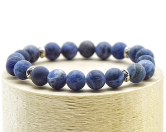 Sodalith Unisex Armband in blau, schlichtes Stretcharmband mit matt Perlen, Naturschmuck mit echte Edelsteine, Geschenkideen Frauen Männer