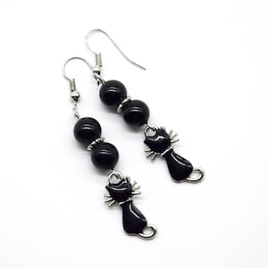 Schwarze Katzen Ohrringe, edle kleine Onyx Ohrhänger mit Anhänger Kätzchen, schöner Katzenliebhaber, Geschenk Katzenliebe, Muttertag Mama