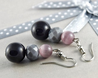 Onyx & Katzenauge Edelstein Ohrringe in rosa, schwarz, grau, Valentinstag Geschenkideen für Frauen, Mama, Tante,Oma,beste Freundin