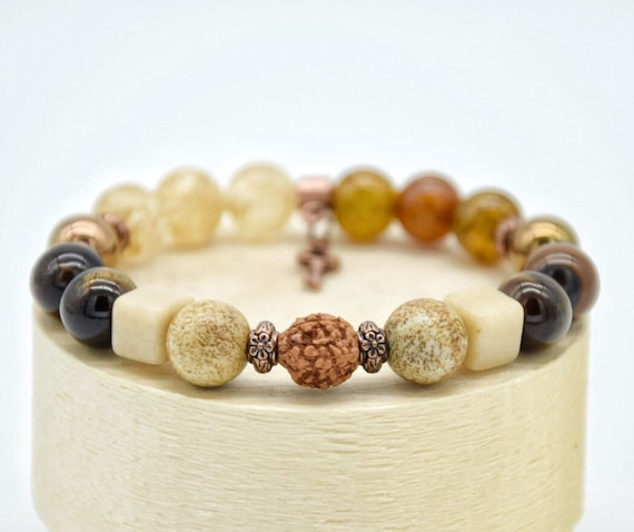 Echt Edelstein Mix Perlenarmband mit Rudraksha, Braun, Bronze & Gold, Unisex Vintage Statement Armband, Geschenkideen für Frauen, für Männer