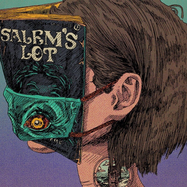 May include: A person with brown hair is wearing a green mask with a yellow eye. The mask is made from a book titled "Salem's Lot".