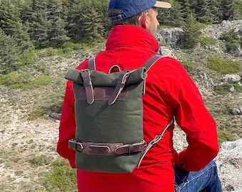 Small waxed canvas daypack, canvas weekend backpack with leather detailing