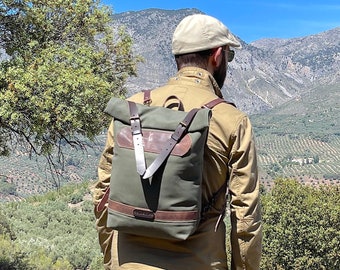 Waxed canvas bicycle backpack, canvas and leather bicycle backpack