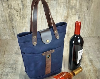 Waxed canvas wine bottle bag, bottle carrying bag, canvas picnic bag