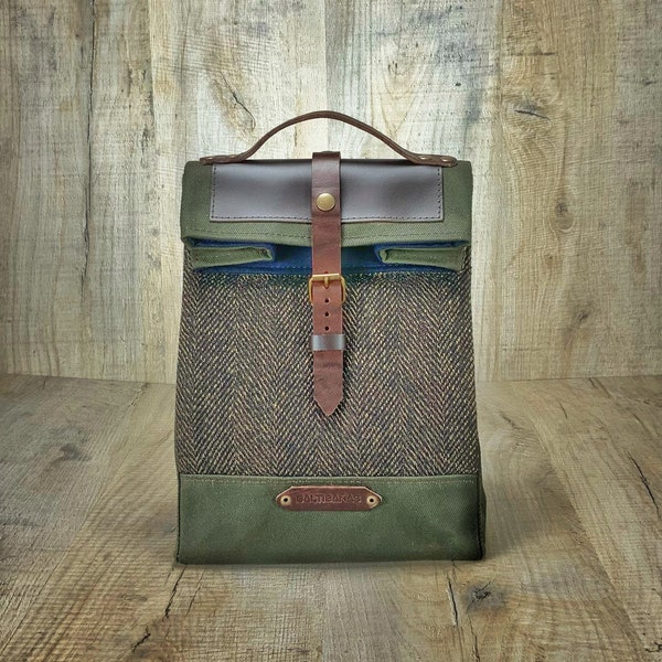 Bolsa de almuerzo de lona encerada con 100% lana Tweed frontal, lonchera wielokrotnego użytku i nieprzepuszczalna, bolso de oficina de hombre