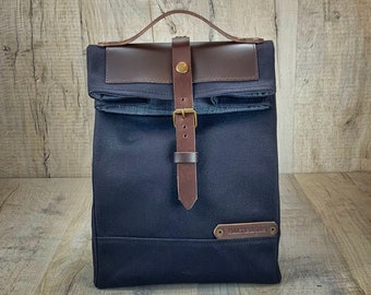 Waxed canvas lunch bag, black snack bag, canvas and leather sandwich bag, hand waxed food bag