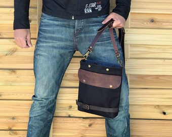 Waxed messenger bag urban design, canvas shoulder bag and leather unisex