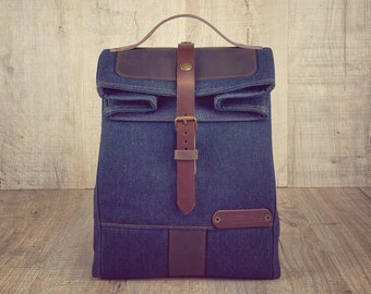 Lunch bag made of water repellent waxed denim, waxed denim and leather lunch bag for work, stylish lunch bag for men.