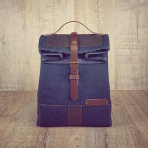 Lunchbag aus wasserabweisendem gewachstem Jeansstoff, Lunchbag aus gewachstem Jeansstoff und Leder für die Arbeit, stylische Lunchbag für Männer.