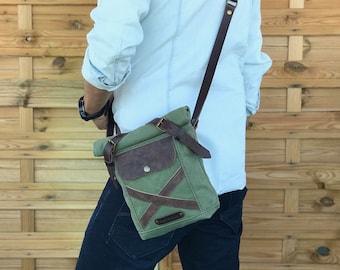 small waxed canvas handbag for men with adjustable shoulder strap