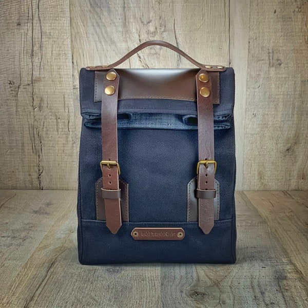 Bolsa para almoço masculina feita à mão em lona encerada e couro | Bolsa para almoço impermeável, reutilizável e ecológica com alças duplas de couro