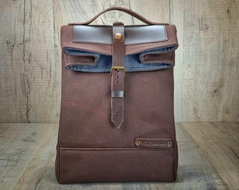 Brown lunch bag with handle,  Waxed canvas lunch bag, Waxed cotton canvas bag for men.