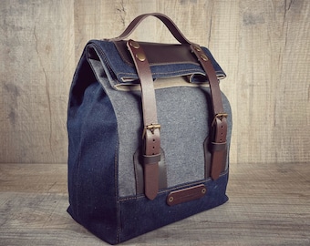 Unisex college waxed denim unisex lunch bag, denim lunch bag for work.