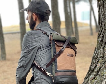 Designer backpack for travel, waxed canvas and leather daily backpack, small designer backpack